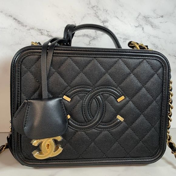 CHANEL Handbags - CHANEL Caviar Vanity Medium CC Quilted Filigree Case crossbody bag Black/Gold